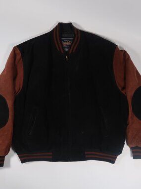 Varsity Black and Tobacco Brown Leather Bomber Jacket